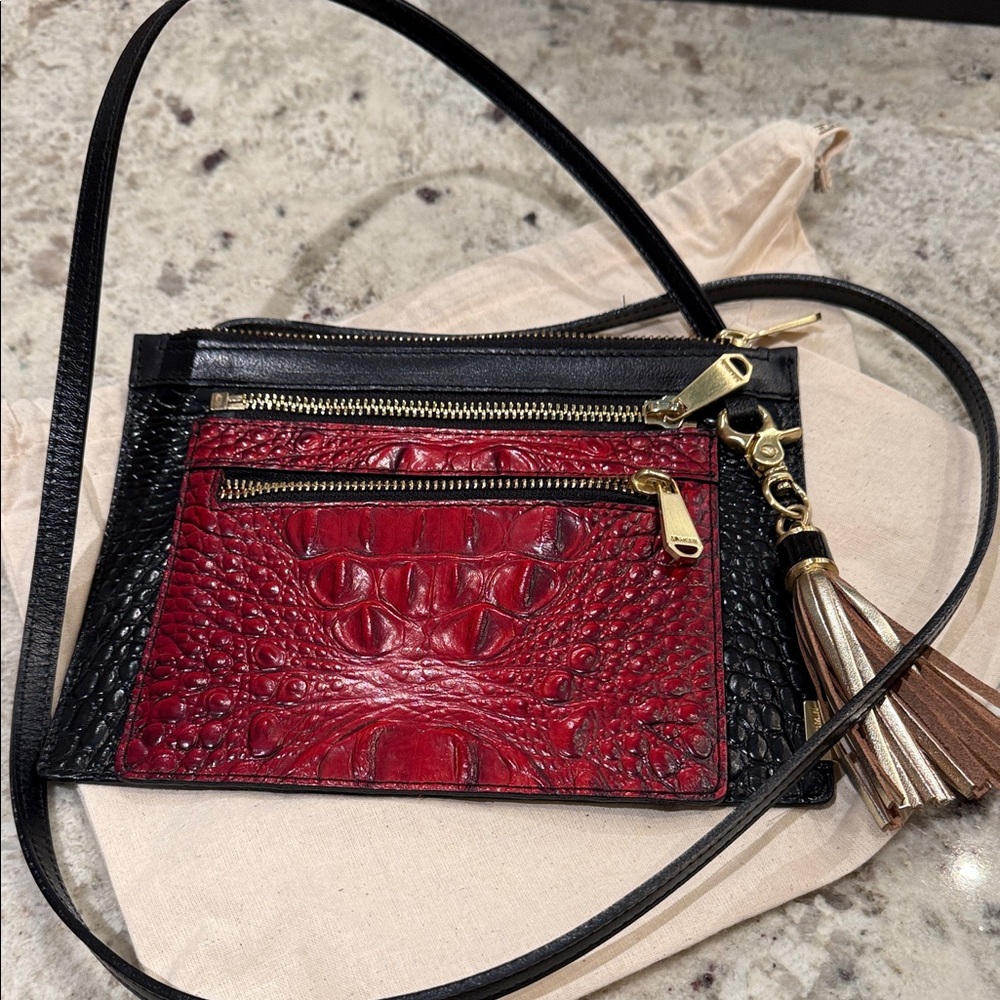 Brahmin Red and Black Croc-Embossed Crossbody Bag